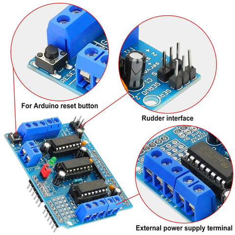 Dual H Bridge Motor Driver Shield for Arduino and Raspberry Pi showing components like Arduino reset button, rudder interface, power supply terminal