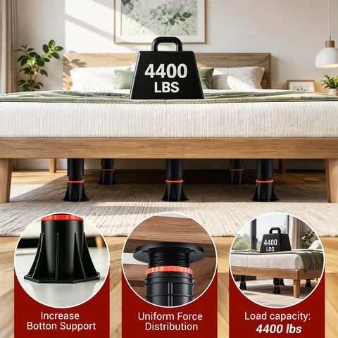 Heavy Duty Adjustable Bed Support Legs 4 Pack 8.4 To 13.5 Inches Holds 4400 Pounds Each under a mattress providing strong bottom support.