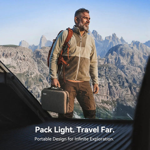 Man with a backpack and drone case in mountains, showcasing travel-ready companion, Pocket Size Drone With 4K UHD Camera And 3 Axis Gimbal, 8K Photo, Under 249 Grams FAA Exempt.