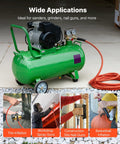 Heavy Duty 1/2 Inch by 250 Foot Air Hose, 300 PSI, Hybrid PVC Rubber Construction, attached to green air compressor for garage use