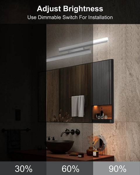 Slick 24 Inch LED Vanity Light for Bathroom 6000K Daylight Dimmable 36W 2160 Lumens on wall above mirror showing brightness levels