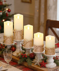 Flickering Flameless Candles Set Of 5 Battery Pillar Candles With Timer, hemp rope wrapped, on decorative holiday table.