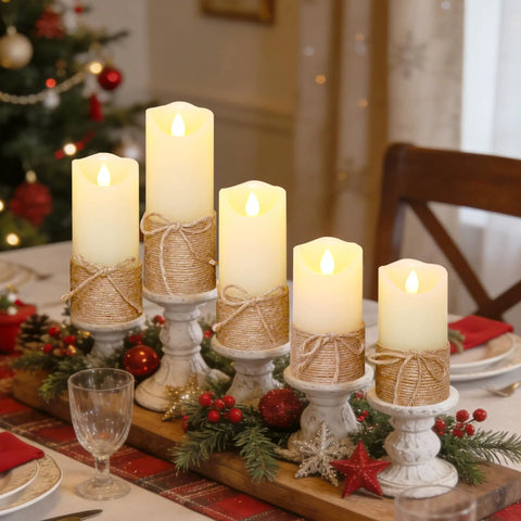 Flickering Flameless Candles Set Of 5 Battery Pillar Candles With Timer, hemp rope wrapped, on decorative holiday table.