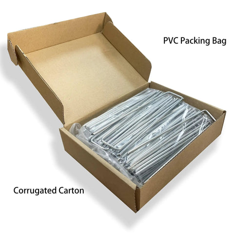 Heavy Duty 100 Pack 6 Inch 11 Gauge Galvanized Garden Staples U Shaped Landscape Pins in a cardboard box