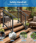 Top Tier Adjustable 5 Step Handrail Kit Straight Up Safety Driven Fence Style Stair Railing For Indoor Outdoor Porch Deck Steps Heavy Duty Build Zero Fuss Assembly 63 By 38 shown on wooden porch with lush background.