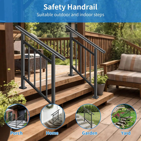 Top Tier Adjustable 5 Step Handrail Kit Straight Up Safety Driven Fence Style Stair Railing For Indoor Outdoor Porch Deck Steps Heavy Duty Build Zero Fuss Assembly 63 By 38 shown on wooden porch with lush background.