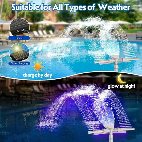 Solar Pool Fountain With 9 Color LED Lights And Dual Head Adjustable Waterfall, Auto On Off With Dusk To Dawn Sensor