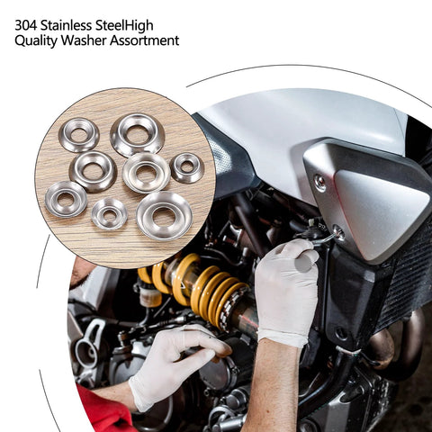 Close-up of qxayxa 300-piece stainless steel finish washers set, cup countersunk, sizes #6–#12