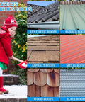 Child in winter clothes with snow shovel next to images of synthetic, rubber, asphalt, metal, wood, and slate roofs.