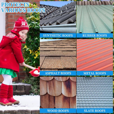 Child in winter clothes with snow shovel next to images of synthetic, rubber, asphalt, metal, wood, and slate roofs.