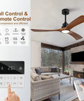 Living room with 52 Inch Modern Black Ceiling Fan with Lights and Remote Control Wall Switch, solid wood blades, dimmable.