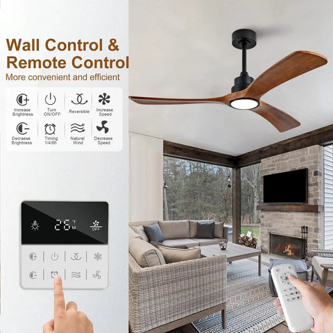 Living room with 52 Inch Modern Black Ceiling Fan with Lights and Remote Control Wall Switch, solid wood blades, dimmable.