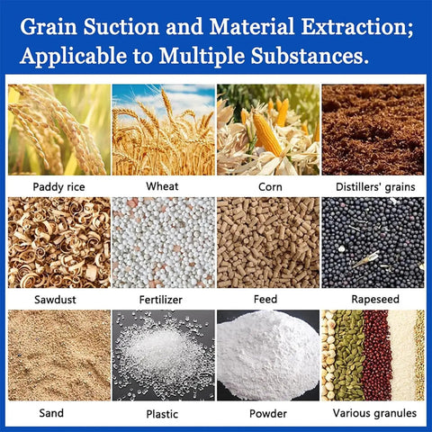 Image showing various substances like paddy rice, wheat, corn, fertilizer, and more, suitable for Beefy Heavy Duty Grain Pumping Machine.