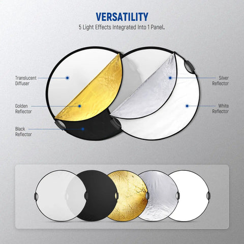 Go To 32 Inch 80cm Five In One Light Reflector Kit showing translucent, silver, gold, white, black surfaces for studio lighting