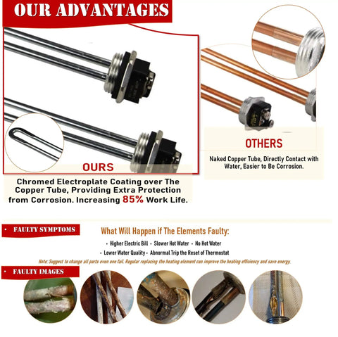 Comparison of chromed electroplate coated copper tube to naked copper tube for electric water heater tune up kit.