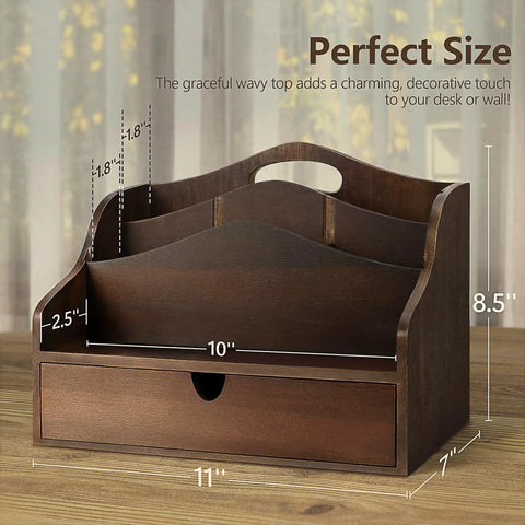 Acacia Wood Mail Organizer For Desk With Four Slots And Dividers Farmhouse Style Desk Organizer dimensions display