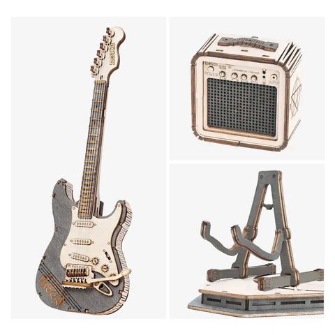Dope Detailed One Eighth Scale Electric Guitar 3D Puzzle Kit For Adults Wooden Craft Model With Amplifier And Stand Realistic Guitar Replica For Home And Desk Decor Collectible Gift. 1/8 scale wooden guitar, amp, and stand