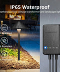 All In One Low Voltage Landscape Lighting Kit With 8 Pathway Lights 60W Transformer 100 Ft Wire 3000K Warm White Kit showcasing IP65 waterproof rating, rain and frost resistant features.