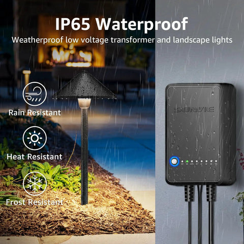 All In One Low Voltage Landscape Lighting Kit With 8 Pathway Lights 60W Transformer 100 Ft Wire 3000K Warm White Kit showcasing IP65 waterproof rating, rain and frost resistant features.