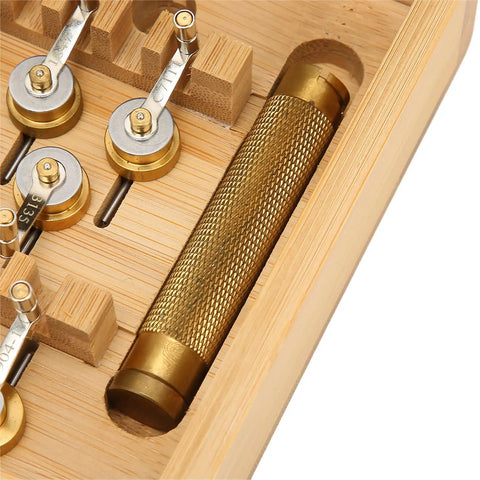 Copper Watch Winder Repair Set With High Handle Winding Tools in wooden box, showing durable copper construction details