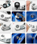 Steps showing use of Dope Pearl Snap Button Kit With 400 Pieces And 10 mm Fastener Plier With 5 Prong Fasteners on blue fabric