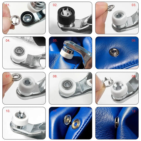 Steps showing use of Dope Pearl Snap Button Kit With 400 Pieces And 10 mm Fastener Plier With 5 Prong Fasteners on blue fabric
