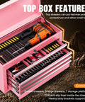 8 Drawer Rolling Tool Chest With Wheels Lockable 2 In 1 Detachable Tool Cabinet With Drawers And Black Liners Pink Garage Top Toolbox And Bottom Storage Cart With Side Hooks, showing open top drawers with tools