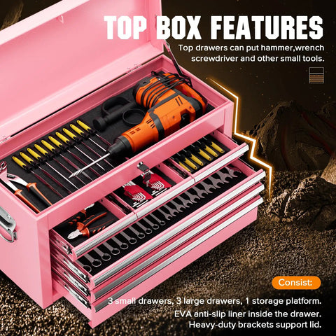 8 Drawer Rolling Tool Chest With Wheels Lockable 2 In 1 Detachable Tool Cabinet With Drawers And Black Liners Pink Garage Top Toolbox And Bottom Storage Cart With Side Hooks, showing open top drawers with tools