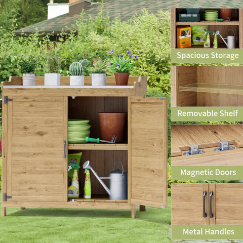 Outdoor Potting Bench With Metal Tabletop And Double Doors Garden Work Bench for Backyard Patio Lawn, showing storage features