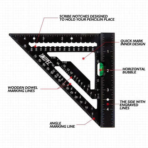 Pro Shop Grade Four Point Five Inch Aluminum Rafter Square With Built In Level And Tough Woodworking Triangle Ruler with engraved lines