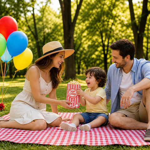 Family enjoying popcorn in a park with Popcorn Bags 120 Pack 1oz Servings Bulk For Popcorn Machines Movie Nights And Home Theater Snacks Made From Food Grade Paper Easy Open Durable Bags Great For Family Gatherings And Quick Movie Night Cravings