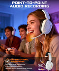 Smiling woman wearing lightweight gaming headset with crisp sound and clear unidirectional mic for PS5 PS4 Xbox Series X S Nintendo Switch.