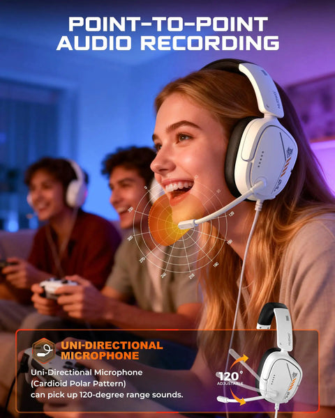 Smiling woman wearing lightweight gaming headset with crisp sound and clear unidirectional mic for PS5 PS4 Xbox Series X S Nintendo Switch.