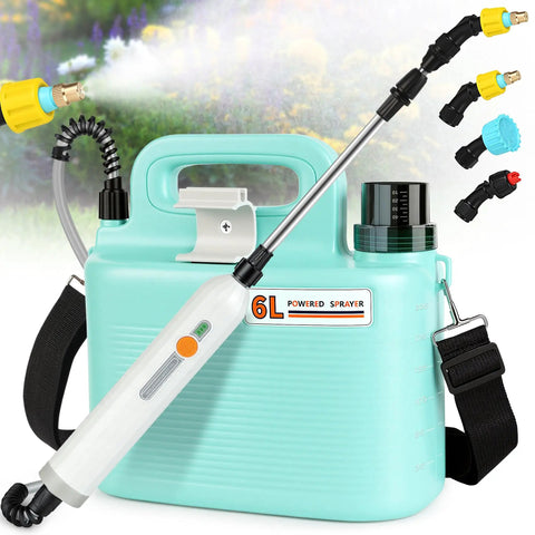 1.6 Gallon Backpack Sprayer For Lawn And Garden, Battery Powered Weed Sprayer With Three Nozzles, shown with blue tank