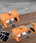 Pro Grade All In One Cabinet Clamp Set 4 Pack With Protective Case Solid Cast Steel Construction Integrated Drill Guide And EVA Pads, showing dimensions