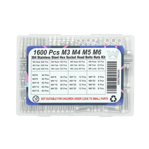 Score a Solid 1600 Pcs M3 M4 M5 M6 Metric Screw Assortment Kit featuring stainless steel hex socket head bolts and nuts.