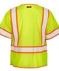 Mens Built Tough High Visibility Mesh Vest With Six Cargo Pockets And Secure Zipper Ansi Class Three Top Shelf Safety Wear For Construction Site Crews Or Warehouses In Loud Lime back view showing reflective stripes and mesh material.