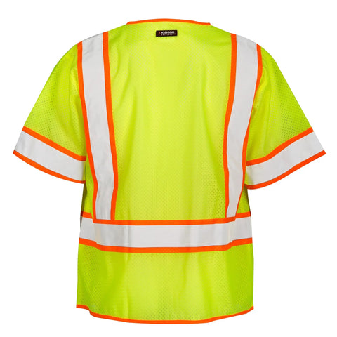 Mens Built Tough High Visibility Mesh Vest With Six Cargo Pockets And Secure Zipper Ansi Class Three Top Shelf Safety Wear For Construction Site Crews Or Warehouses In Loud Lime back view showing reflective stripes and mesh material.