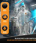 Heavy Duty White Disposable Coveralls For Industrial Work Delivers Tough As Nails Antistatic Defense With Tear Puncture Resistant Fabric Real Deal Full Body Chemical Safety Jumpsuit Ideal For Shop Cleanup Large Three Pack worn by worker, showcasing waterproof and dustproof features in industrial setting.