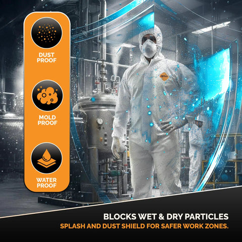 Heavy Duty White Disposable Coveralls For Industrial Work Delivers Tough As Nails Antistatic Defense With Tear Puncture Resistant Fabric Real Deal Full Body Chemical Safety Jumpsuit Ideal For Shop Cleanup Large Three Pack worn by worker, showcasing waterproof and dustproof features in industrial setting.