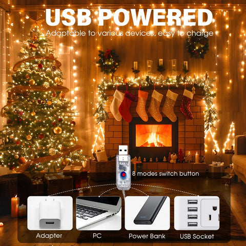 66Ft USB Powered 200 LED Twinkle Lights Copper Wire With Remote And Timer 8 Modes Waterproof String Lights in cozy room