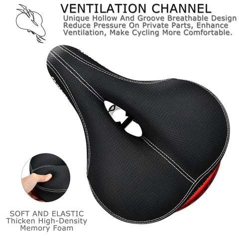 C99 Memory Foam Bike Seat Saddle With Taillight Waterproof Wide Leather Cushion showcasing ventilation channel and memory foam