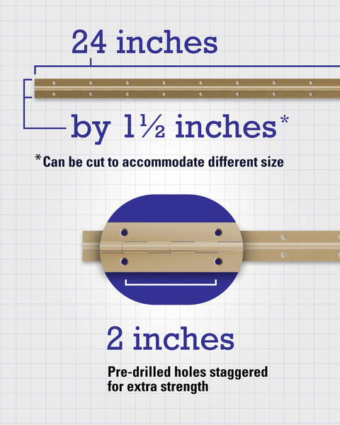 Beefy Continuous Piano Hinge With Durable Brass Finish Rust Resistant Steel Build Surface Screw Mount, 24x1.5 inches, pre-drilled for strength.