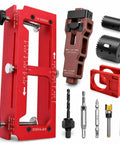 Heavy Duty Door Hinge Jig Kit Featuring Sturdy Aluminum Template For Quick Hinge Mortising And No Sweat Deadbolt Setup On Most Popular Household Doors, red jig with accessories.
