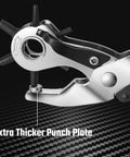 Close-up of Revolving Leather Hole Punch Tool With Extra Thicker Punch Plate highlighting metal alloy and size heads for belts and collars.