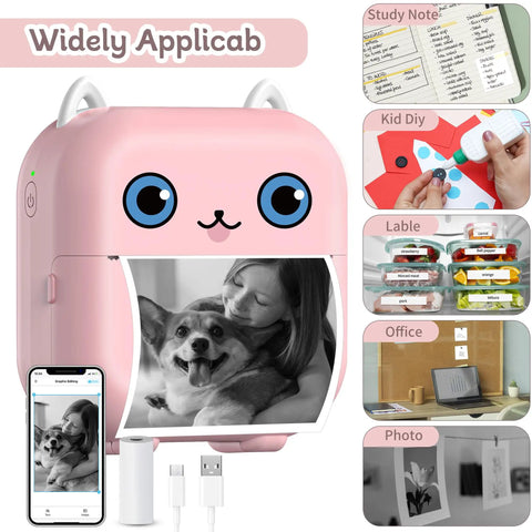 Dope Mini Sticker Printer And Portable Bluetooth Inkless Thermal Photo Maker With Pink Cat Design, compact with printing photo.