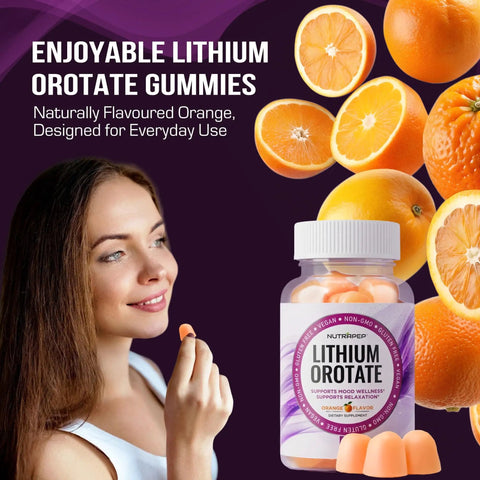 Lithium Orotate Gummies 5mg For Mood Support And Stress Management Helps Keep Your Mood Chill Daily bottle with oranges