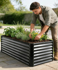 Raised Garden Bed Kit 6x3x1 Ft Metal Planter Boxes Outdoor in use with vegetables and flowers, dark gray galvanized steel construction.