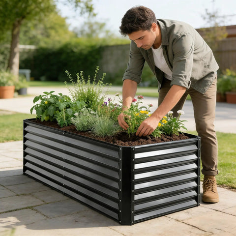 Raised Garden Bed Kit 6x3x1 Ft Metal Planter Boxes Outdoor in use with vegetables and flowers, dark gray galvanized steel construction.