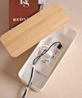 Wooden Style Large Desk Cable Box To Hide Wires And Power Strips, Cord Organizer For Home And Office with white interior and wooden lid.